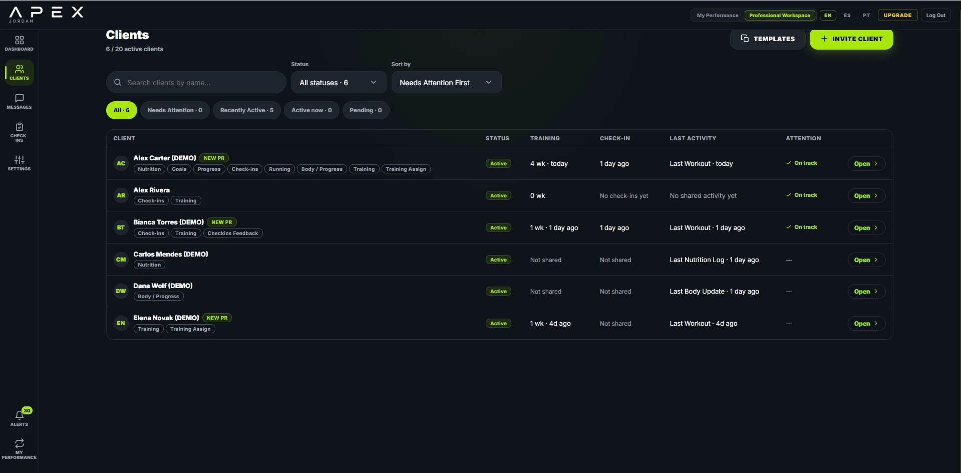 APEX Professional client roster with sample clients, showing status, training and check-in activity, and attention flags.