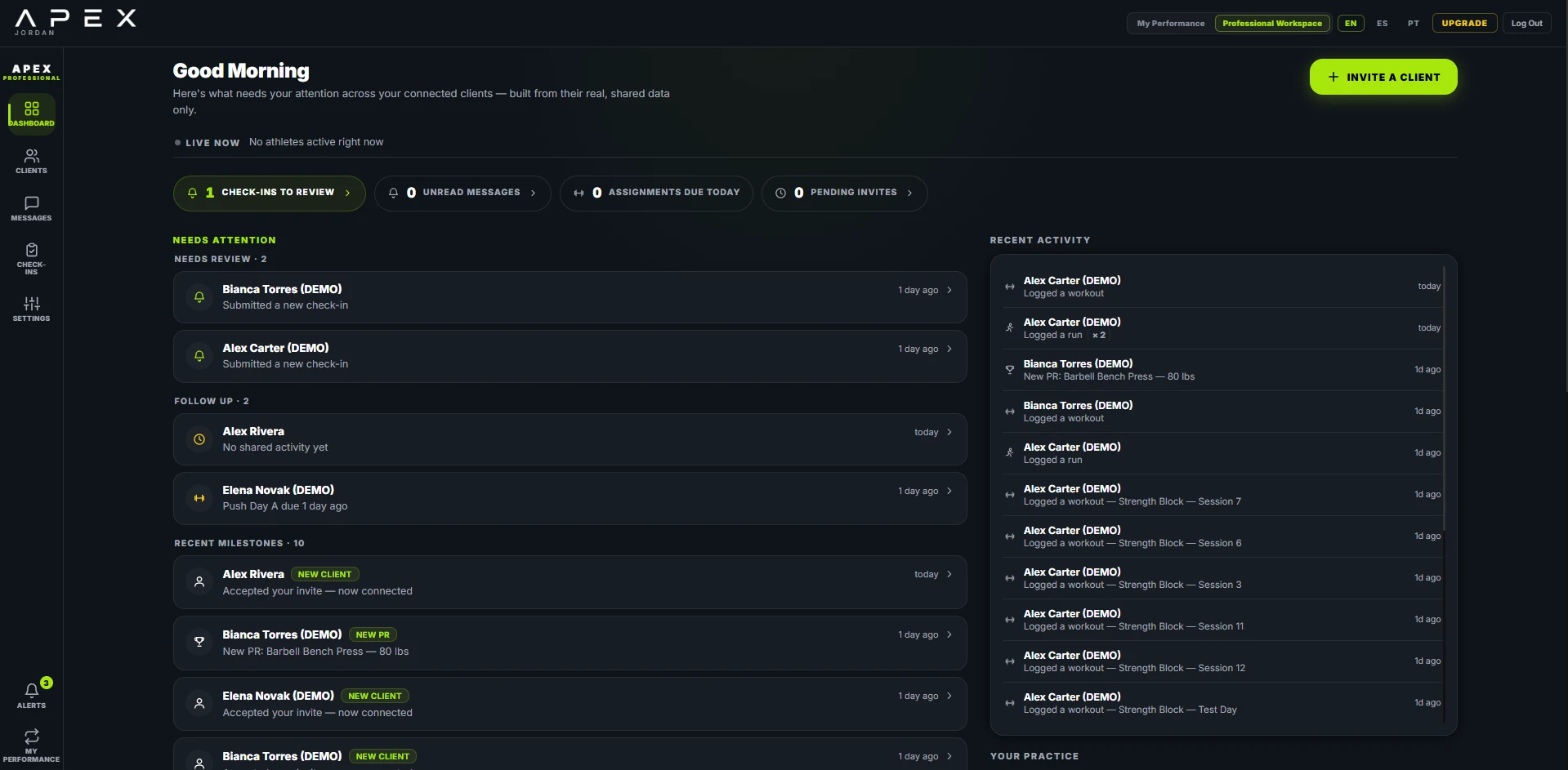 APEX Professional dashboard, showing a Live Now row, active clients, check-ins to review, and an attention queue — real product screen, sample data shown.