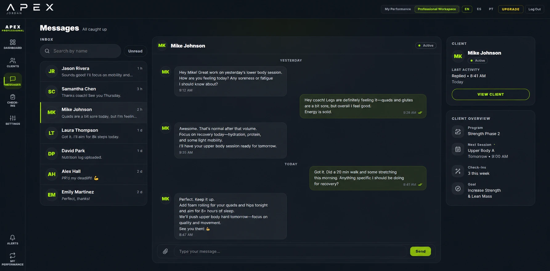 APEX Professional Messenger with sample data, showing a coach-athlete conversation thread alongside the client's program, next session, check-ins, and goal.